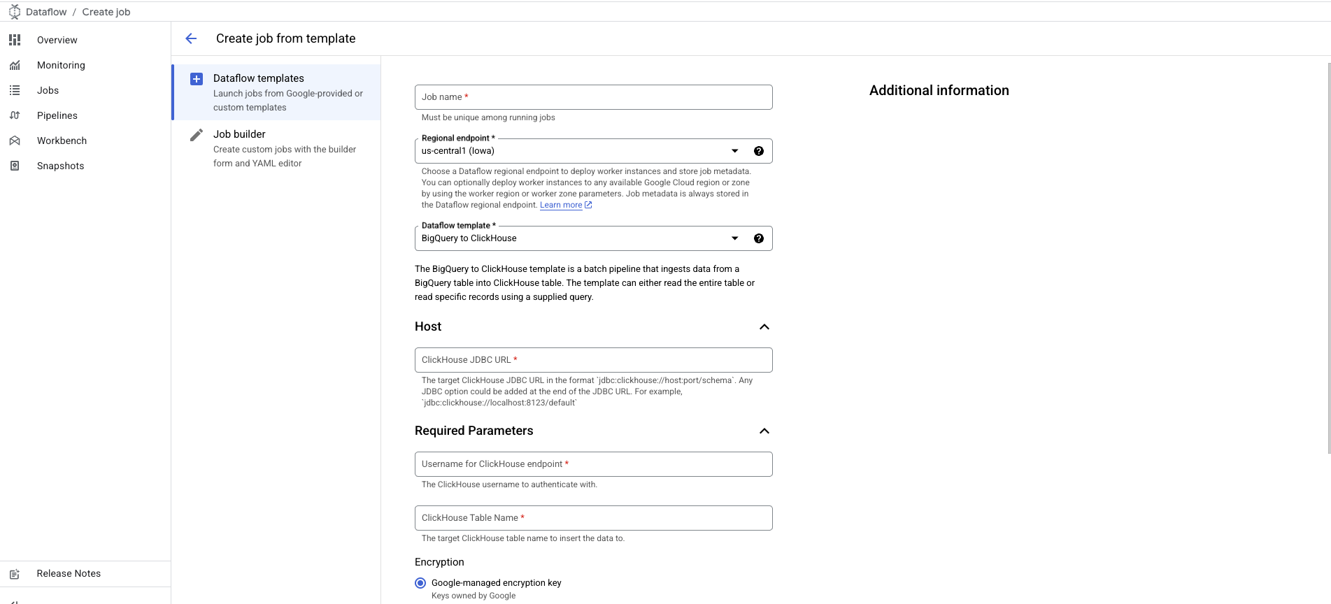 확장된 BigQuery to ClickHouse 템플릿 양식